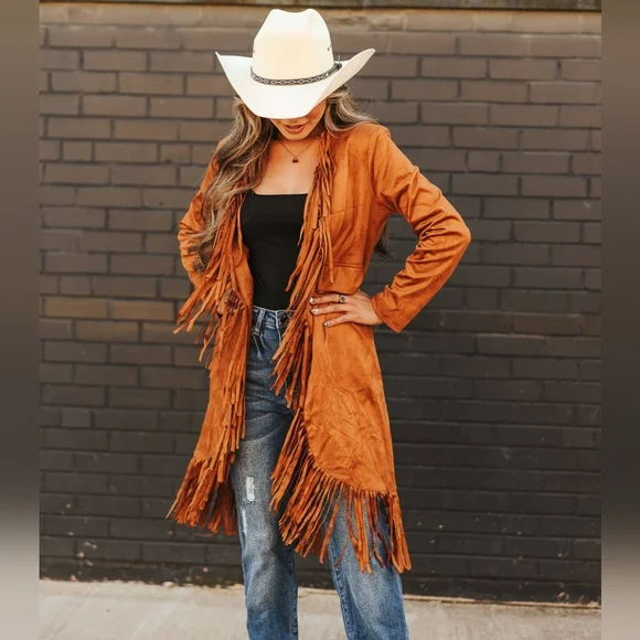 NWT Camel Faux Suede Jacket Blazer With Fringed Hem With Pockets - Picture 2 of 4